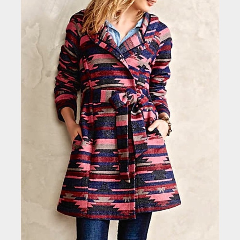 Anthropologie Pink and Blue Geometric Trench Coat